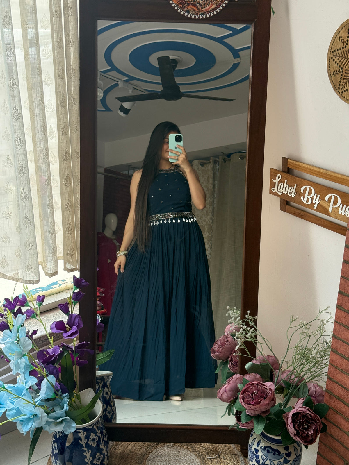 Blue Partywear Hand embroidered Dress| Extra sleeves| Comes with hand embroidered belt| Duppata for styling| Rakhi Special