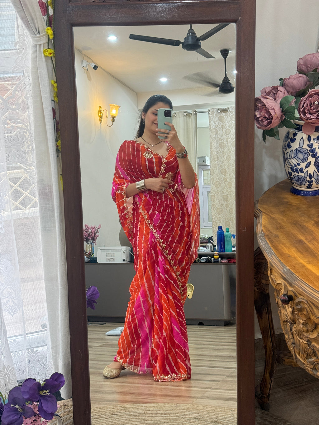 Pink Orange Leheriya  |Pure Georgette Digital Printed Saree| Handwork cutdana detailing| With blouse