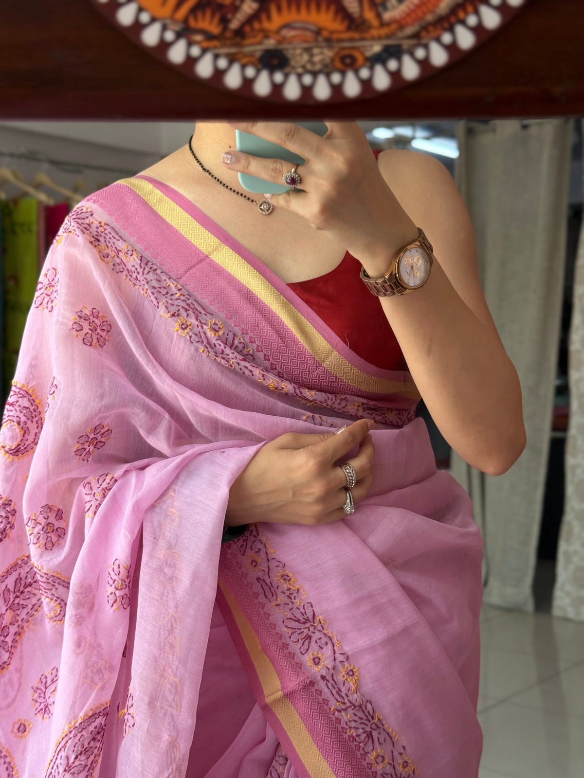 Baby Pink Hand Embroidered Chikanakri Saree| Mul Chanderi Fabric| With embroidered blouse