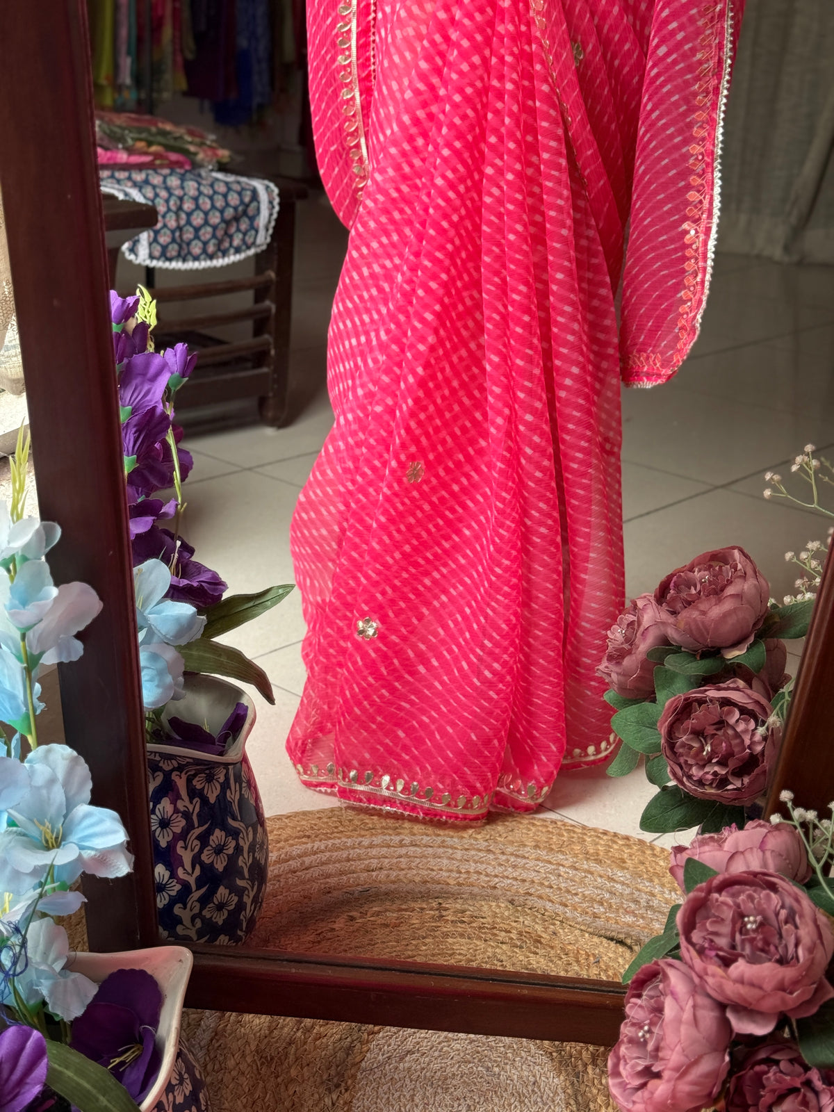 Peach Chiffon Leheriya Saree|  Handwork Gota patti work| With blouse