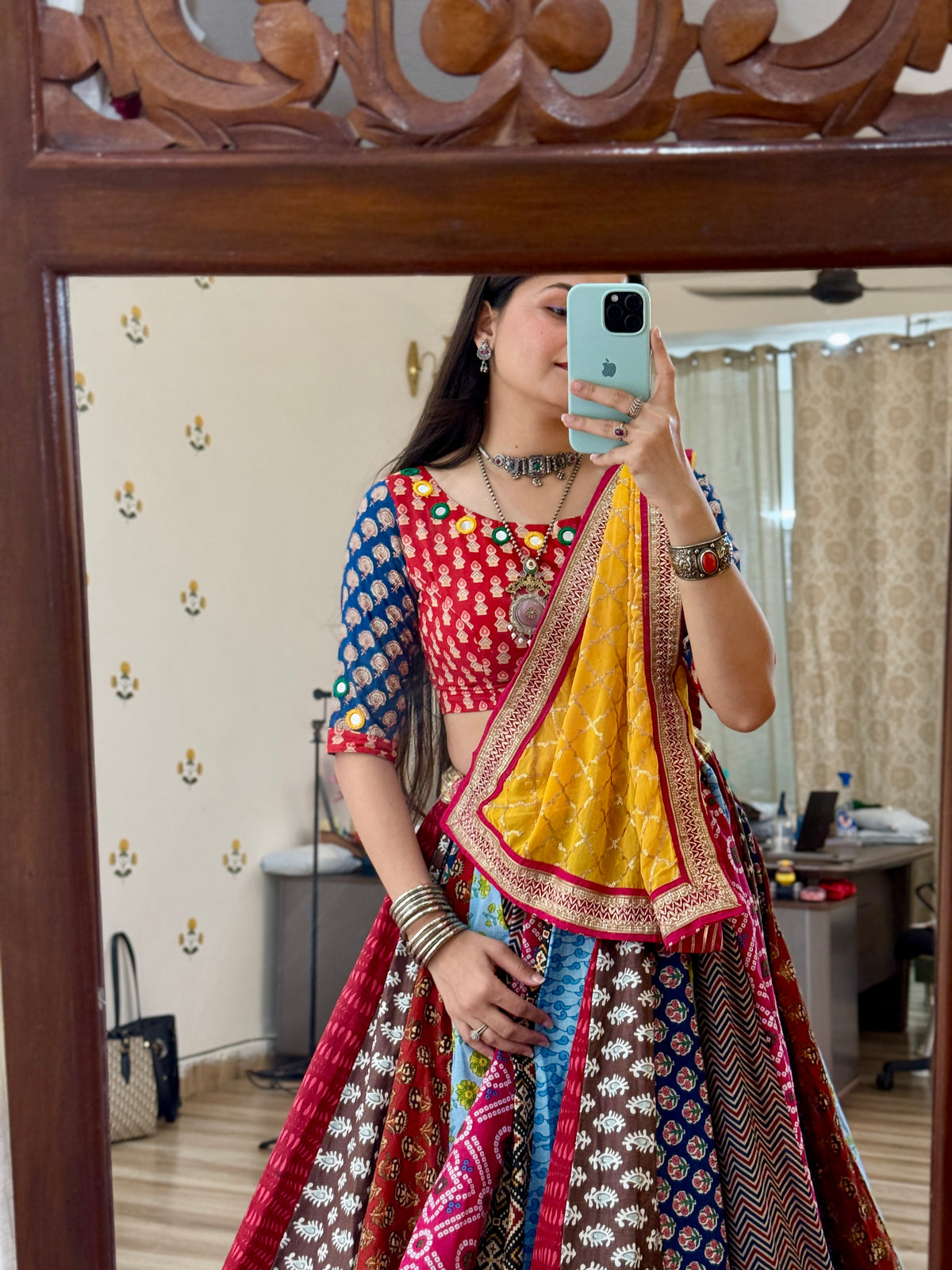 Garba Skirt| Cotton Block Printed Fabric| With inner| Gota pattiwork | 9-10 meters flair
