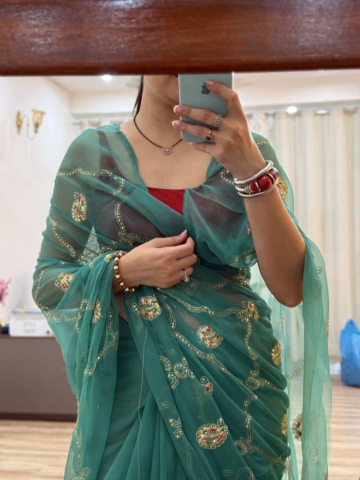 Sage Green Zari Embroidered| Georgette Sarees| Without Blouse
