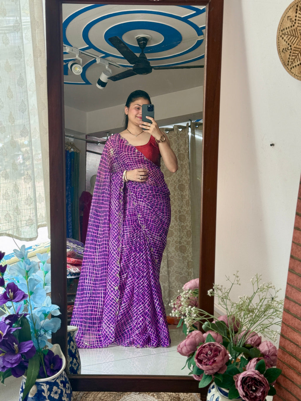 Purple Leheriya Pure Georgette Digital Printed Saree| Handwork cutdana detailing| Without blouse