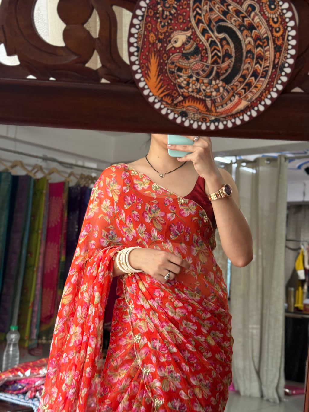 Orange |Pure Georgette Digital Printed Saree| Handwork cutdana detailing| Without blouse