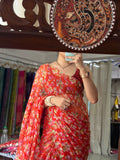 Orange |Pure Georgette Digital Printed Saree| Handwork cutdana detailing| Without blouse