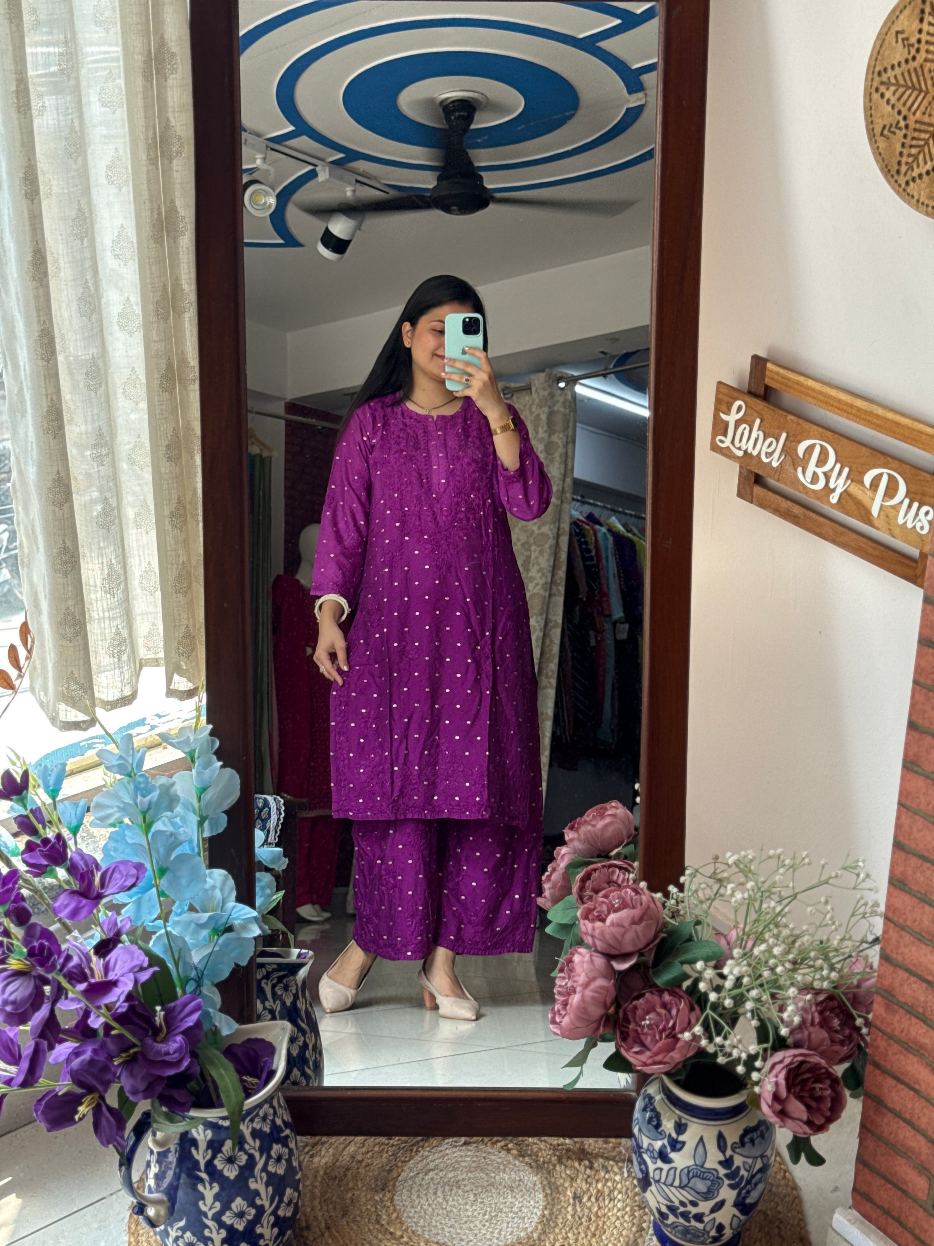 Purple Mul Chanderi | Chikankari Hand embroidery| cotton lining in bottom| Premium design