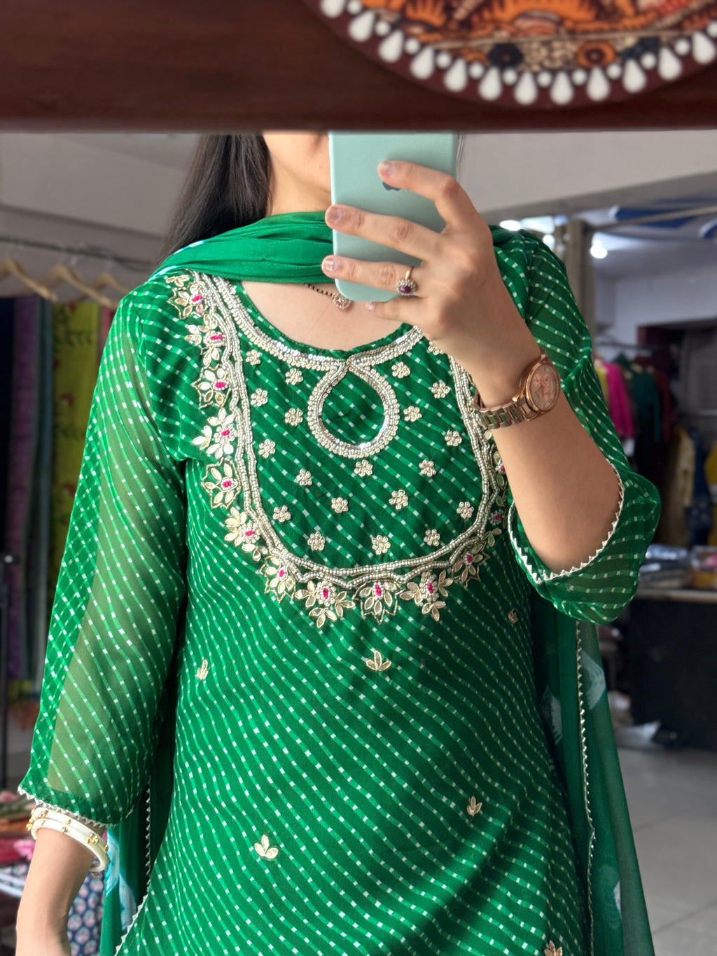 Green Leheriya Suit Set for Women | Printed Ethnic Suit with Dupatta| Hand Embroidery| With lining|Georgette with chiffon Duppata