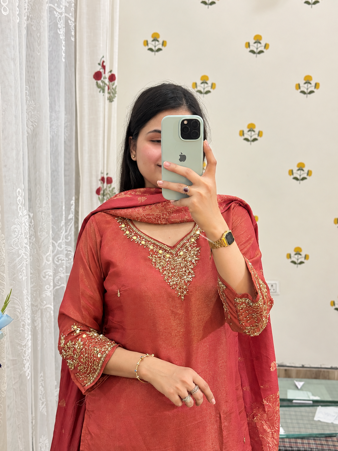 Hand Embroidered Tissue Shimmer Suit| Designer Sleeves | Lining| Soft Banarasi Duppata