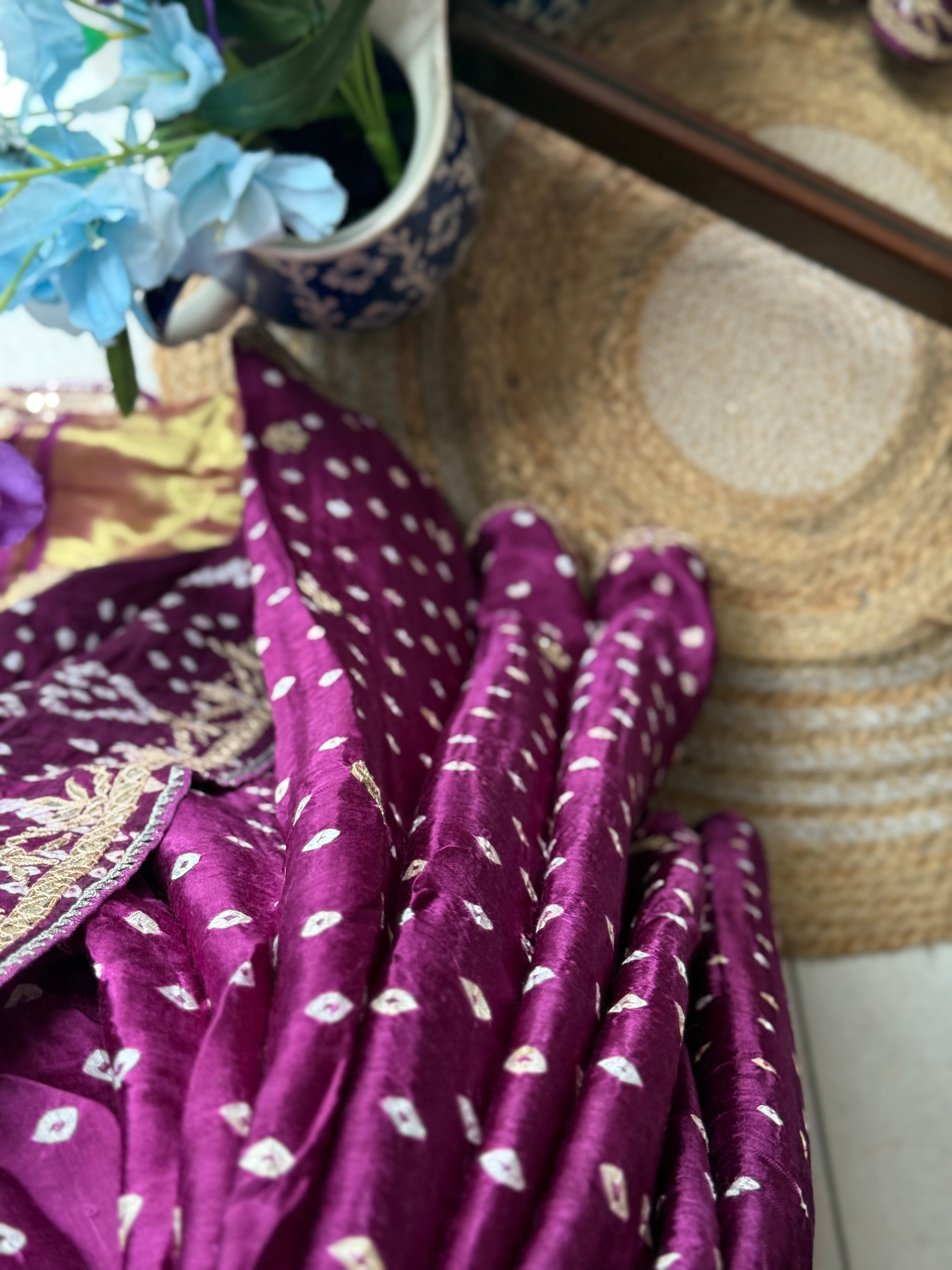 Purple Pure Gaji Silk Bandhani Saree with Gotta Patti Handwork|Comes with blouse | Premium Handwork Saree