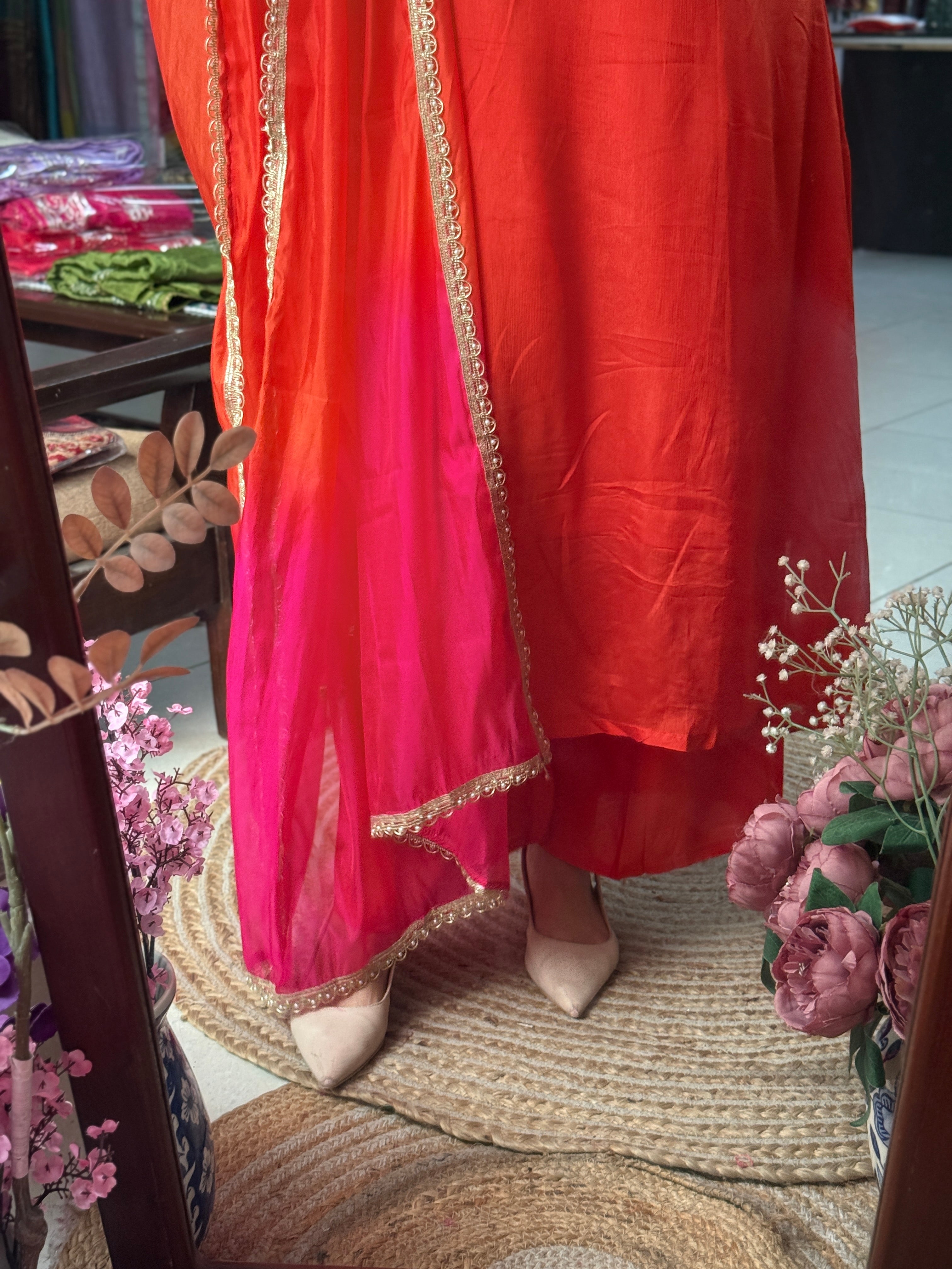 Pink Orange Chinon Suit Set with Hand Embroidered Neckline & Designer sleeves and bottom with dual tone Duppata with lacework
