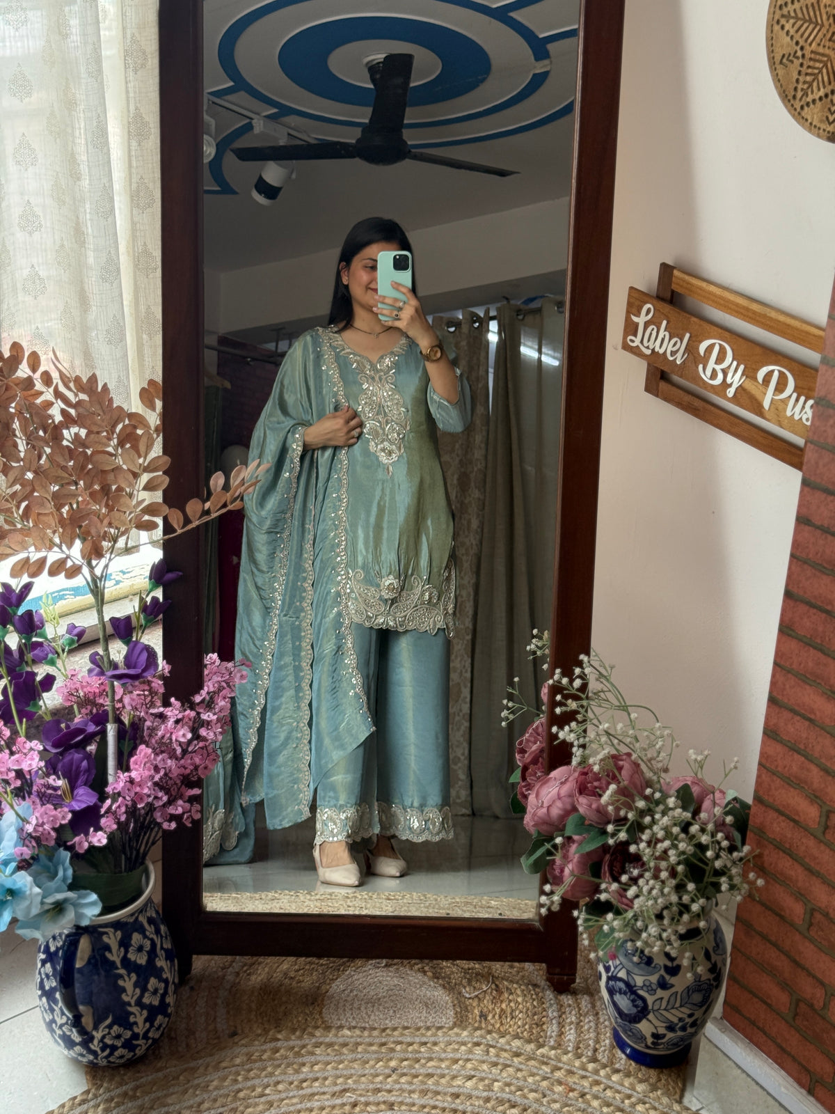 Shenaz Tissue Shimmer Set with cutwork embroidered palzo pant and Duppata| lining| Hand Designer Set
