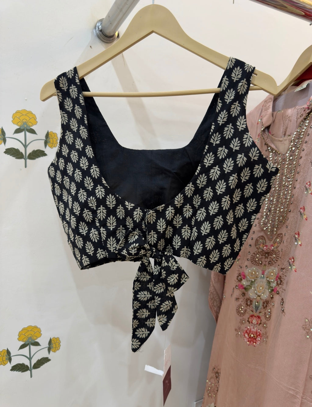 Black Print Cotton Saree Blouse with Bow detailings