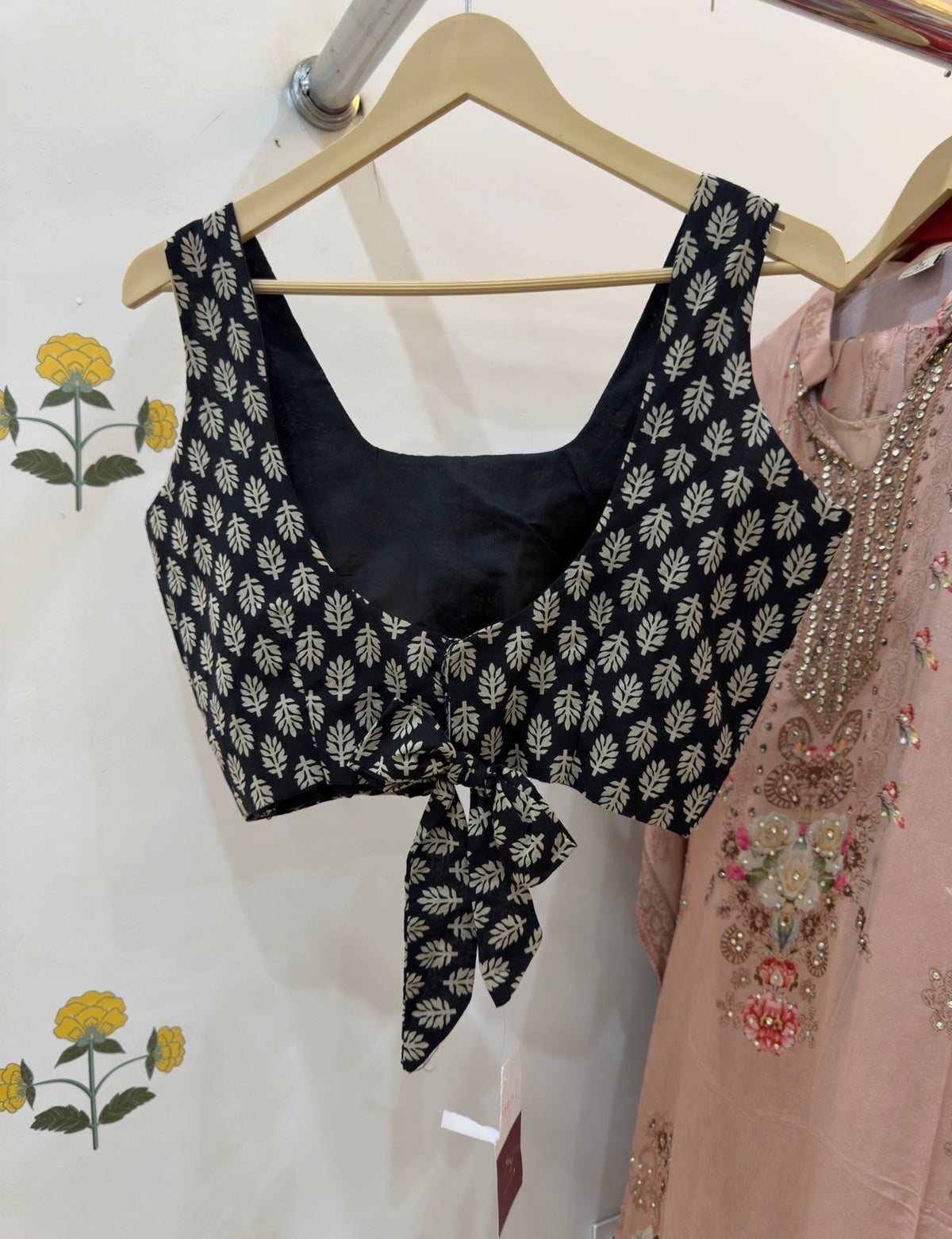 Black Print Cotton Saree Blouse with Bow detailings