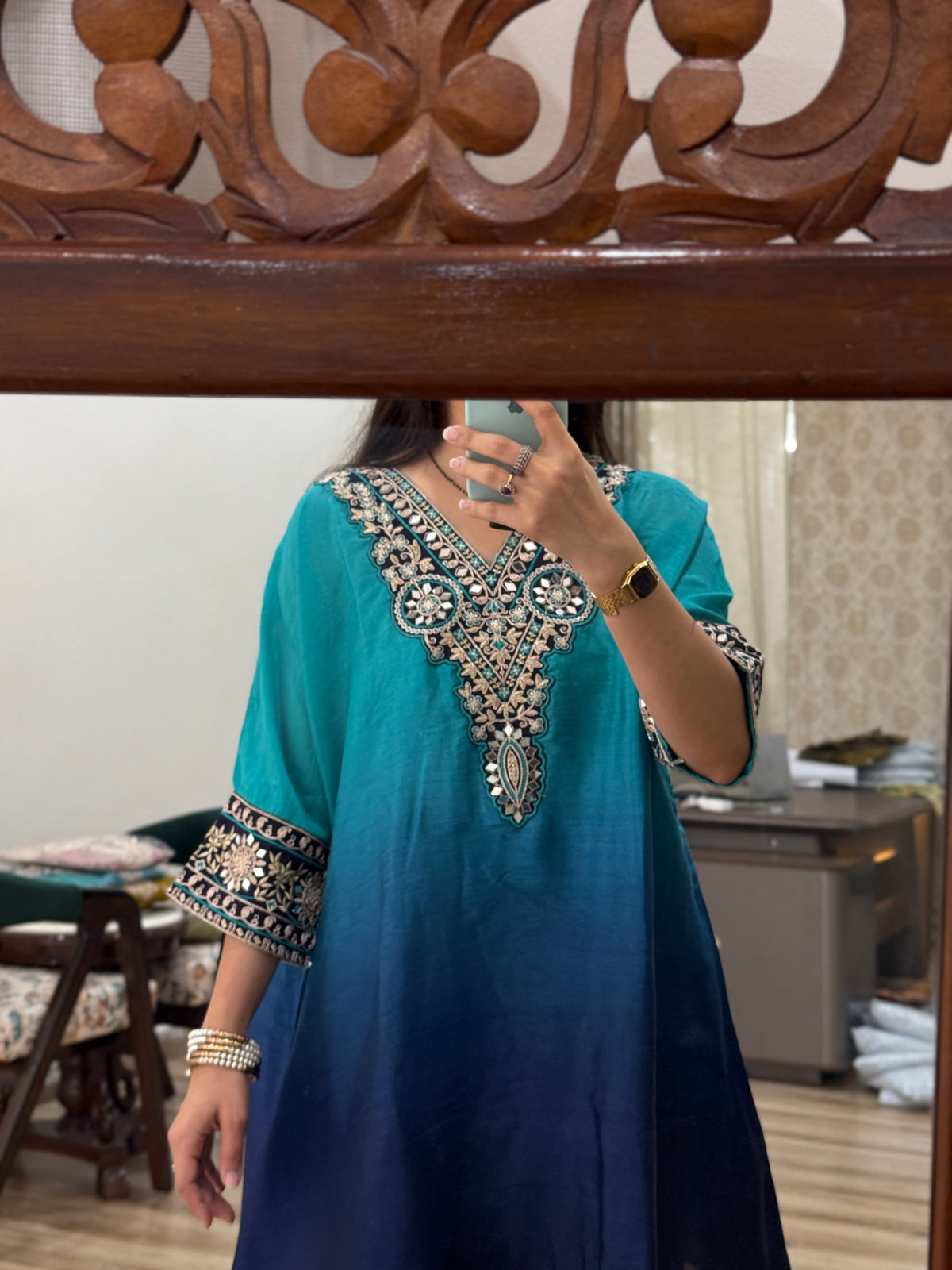 Peacock blue suit | With cotton lining| Embroidered| Stylish neckline