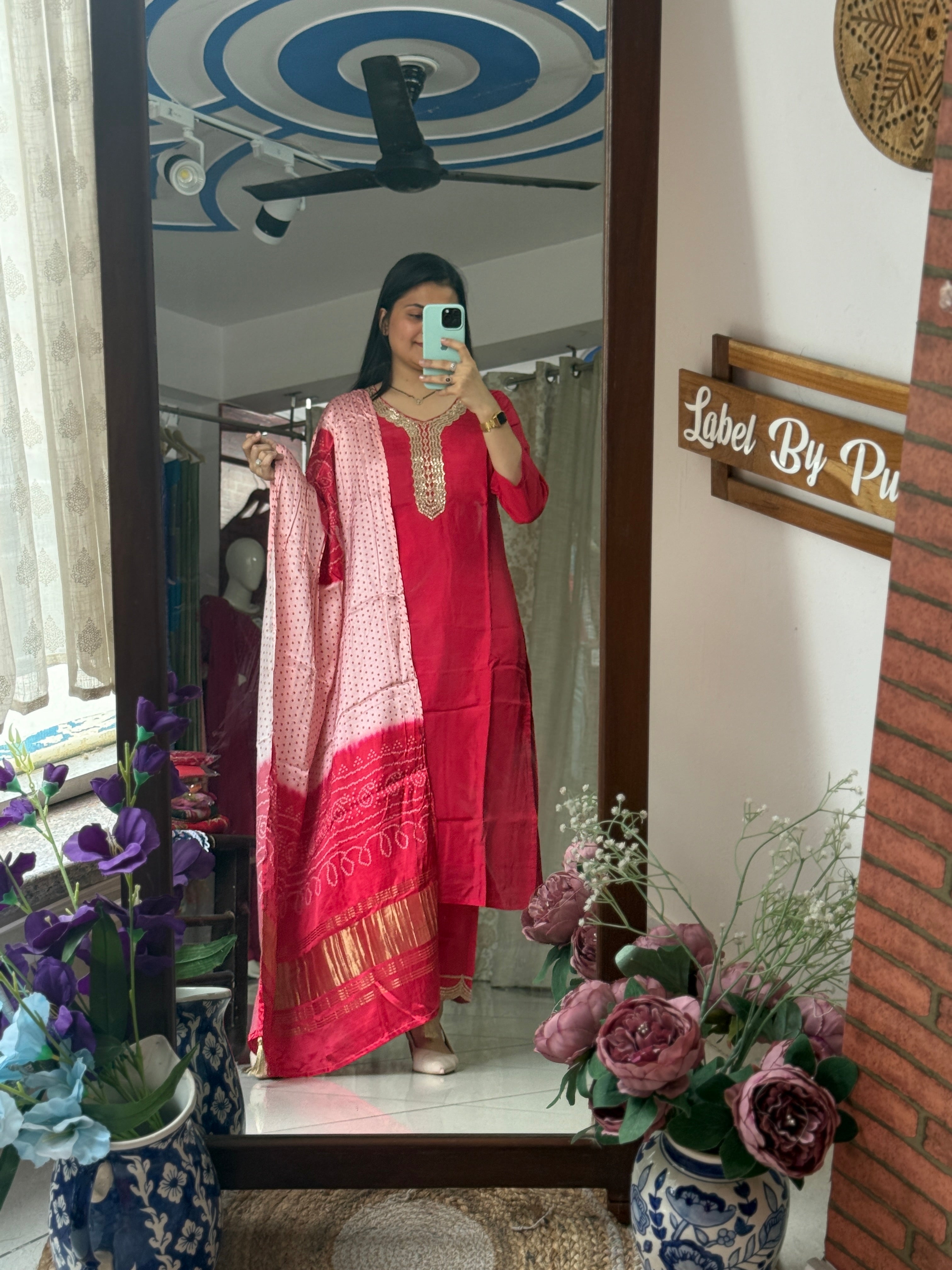 Gajji Silk bandhani Suit Set for Women | Embroidered neckline | Cotton lining| Bandhani Dupatta with lugdi patta