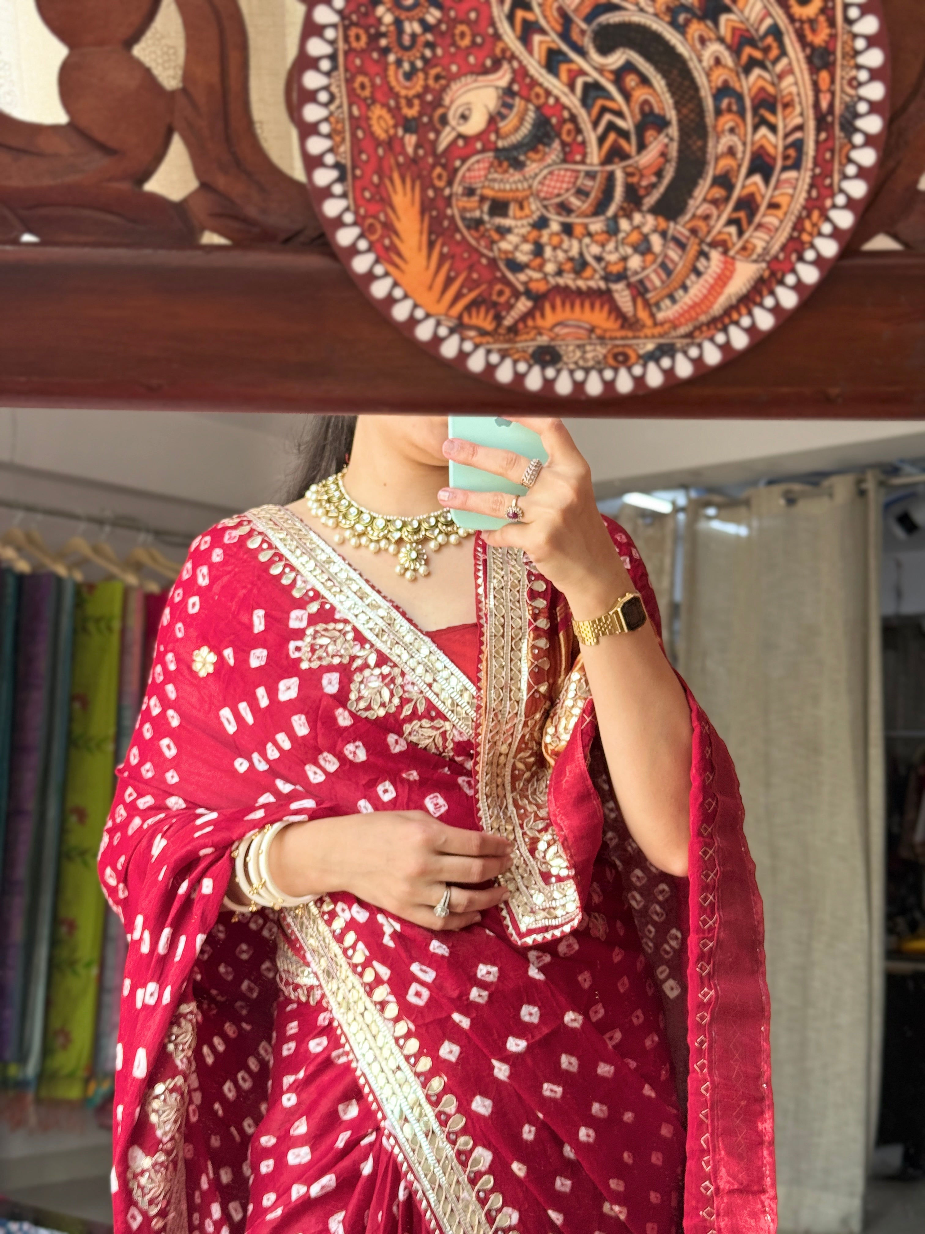 Maroon Pure Gaji Silk Bandhani Saree with Gotta Patti Handwork|Comes with blouse | Premium Handwork Saree