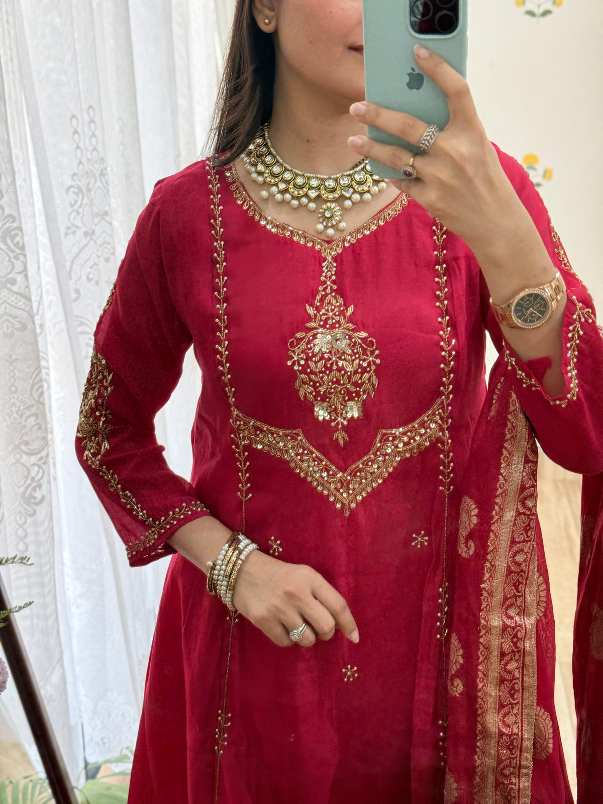 Karwachauth Special Crimson | Hand Embroidered| with lining| Banarsi Duppata| Mul Chanderi
