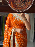 Golden Rust Pure Gaji Silk Bandhani Saree with Gotta Patti Handwork|Comes with blouse | Premium Handwork Saree