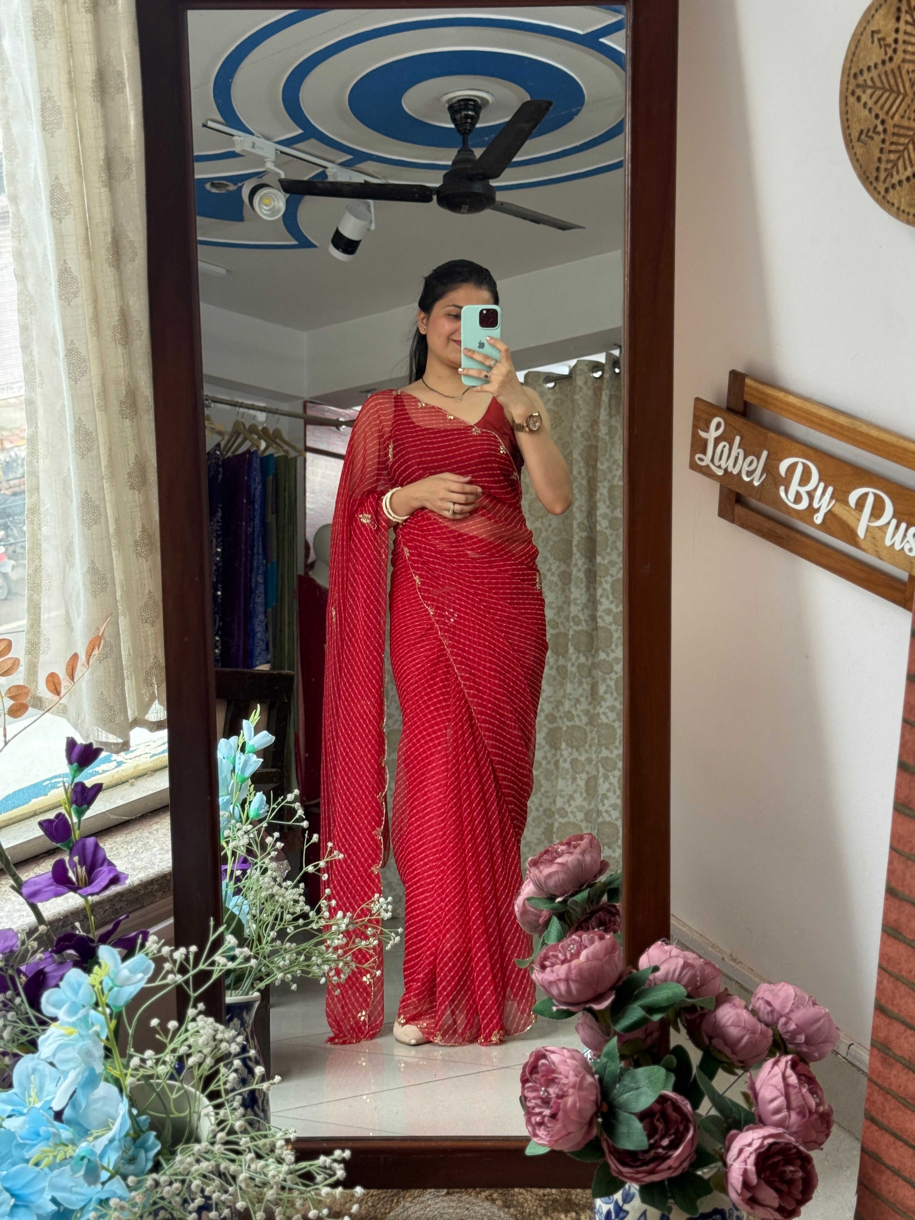 Red Pure Georgette Handblock Leheriya Printed Saree| Handwork cutdana detailing| Without blouse