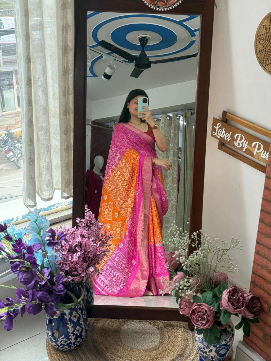 Pink Orange   Bandhani Saree|  Woven border on both sides| With blouse| Self weave dola silk