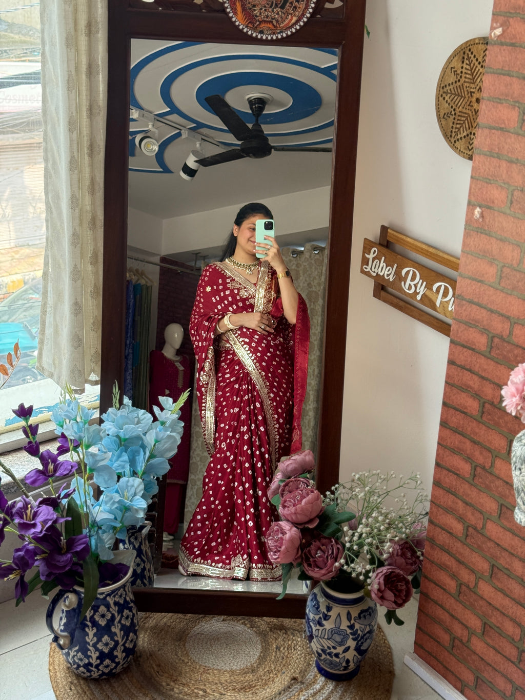 Maroon Pure Gaji Silk Bandhani Saree with Gotta Patti Handwork|Comes with blouse | Premium Handwork Saree