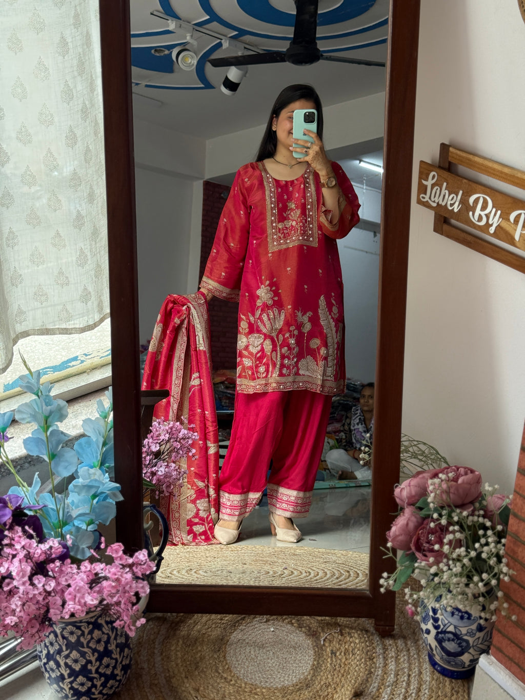 Crimson Tissue Shimmer  Suit Set |with lining | Hand Embroidered| Salwar