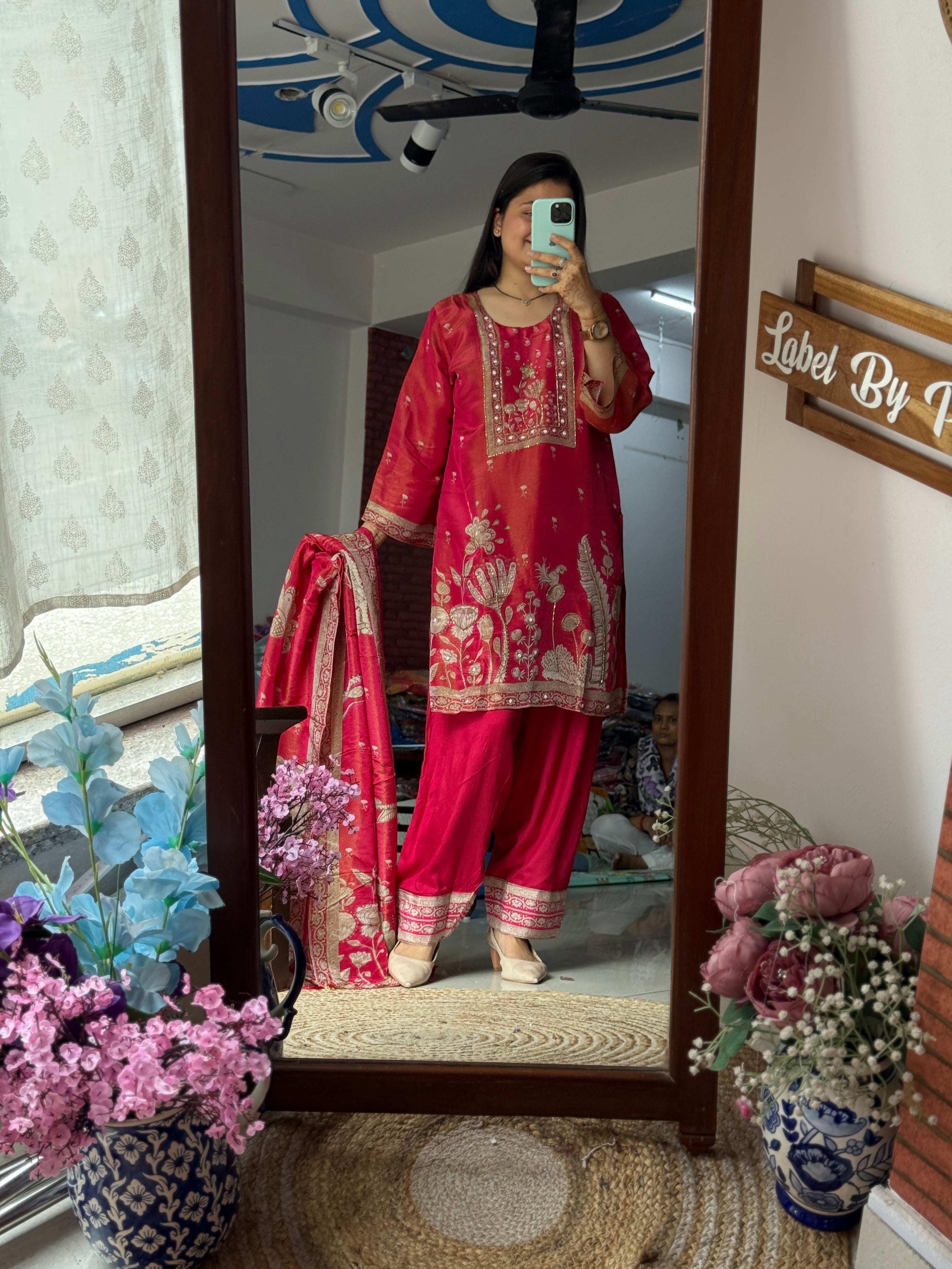 Crimson Tissue Shimmer  Suit Set |with lining | Hand Embroidered| Salwar
