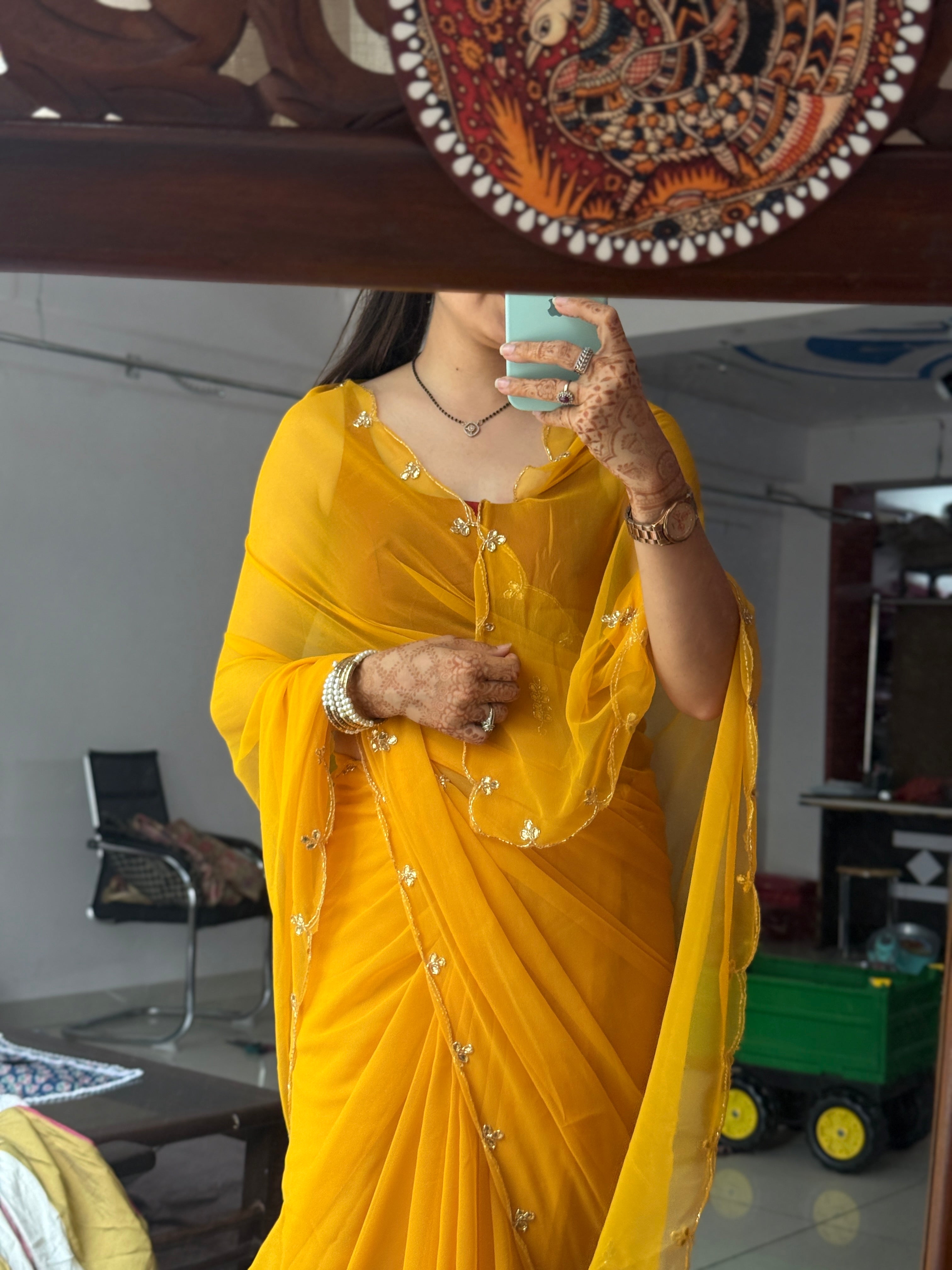 Yellow Pure Georgette Saree| Handwork cutdana detailing| With blouse