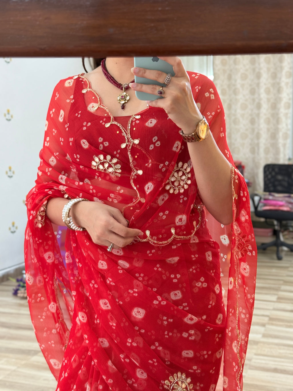 Red Bandhej  |Pure Georgette Handwork cutdana detailing| Without blouse