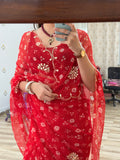 Red Bandhej  |Pure Georgette Handwork cutdana detailing| Without blouse