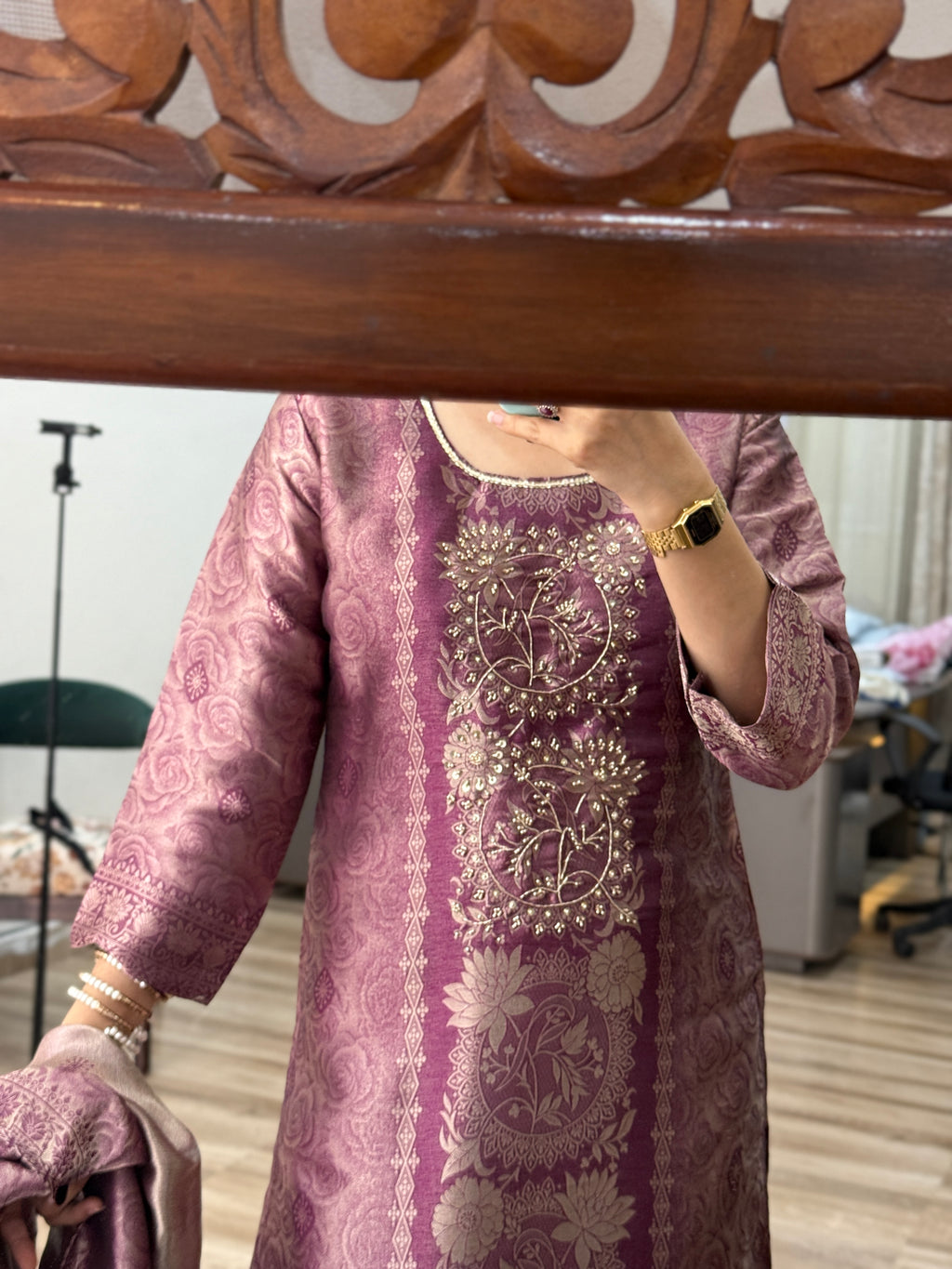 Wine Heavy Partywear Suit | Tissue Brocade suit | With cotton lining| Hand Embroidered| Designer Duppata