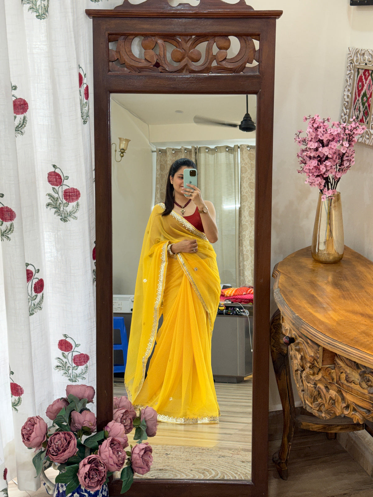 Yellow Georgette Saree | Gotta Pati Handwork | With blouse