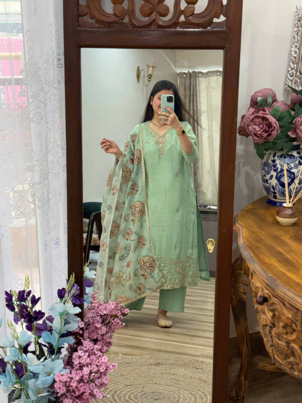 Pista Green Suit set | With cotton lining| Hand Embroidered Kurta| Embroidered Organza Duppata | Crepe