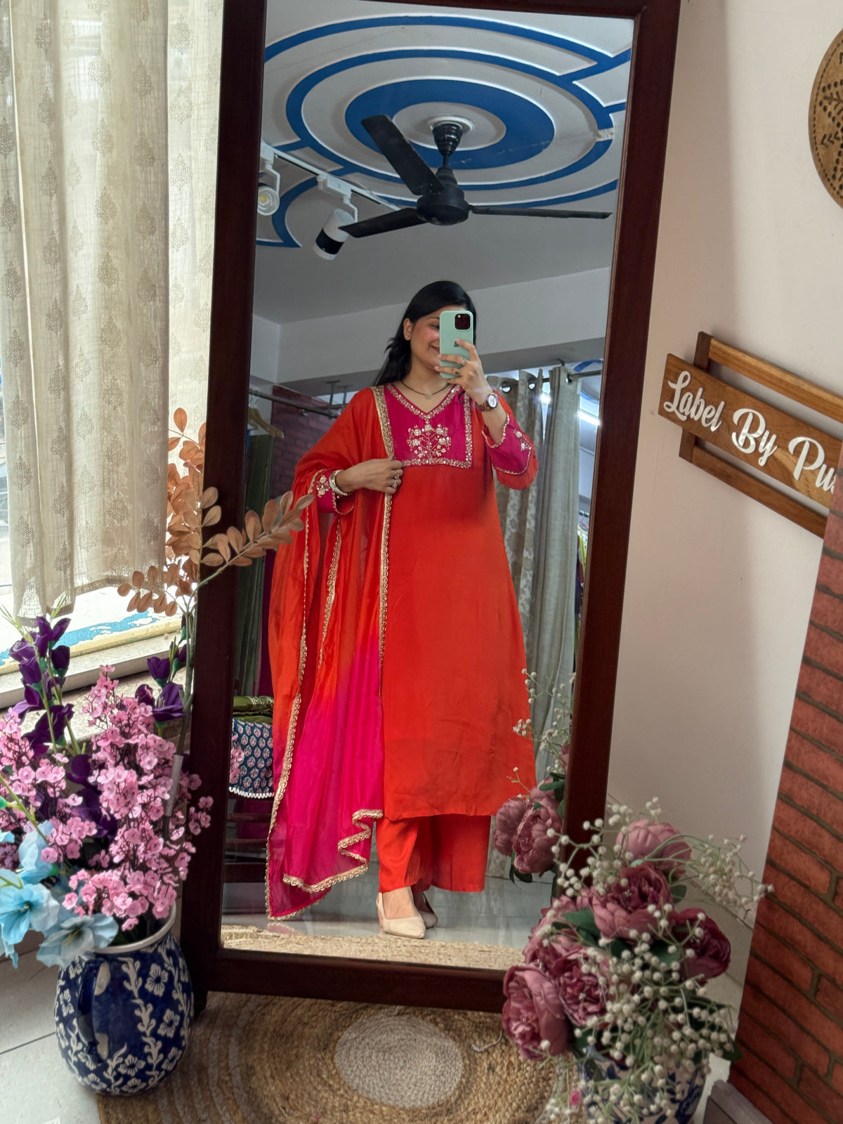 Pink Orange Chinon Suit Set with Hand Embroidered Neckline & Designer sleeves and bottom with dual tone Duppata with lacework