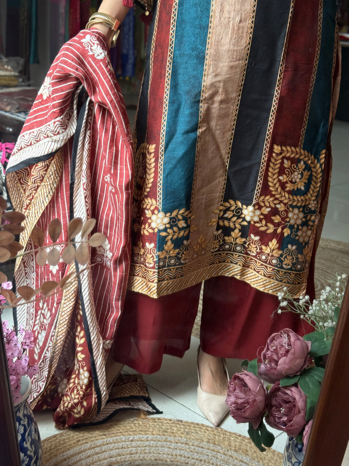 Muslin Partywear Suit |Hand Embroidered | Cotton lining| With beautiful Duppata | Designer back print