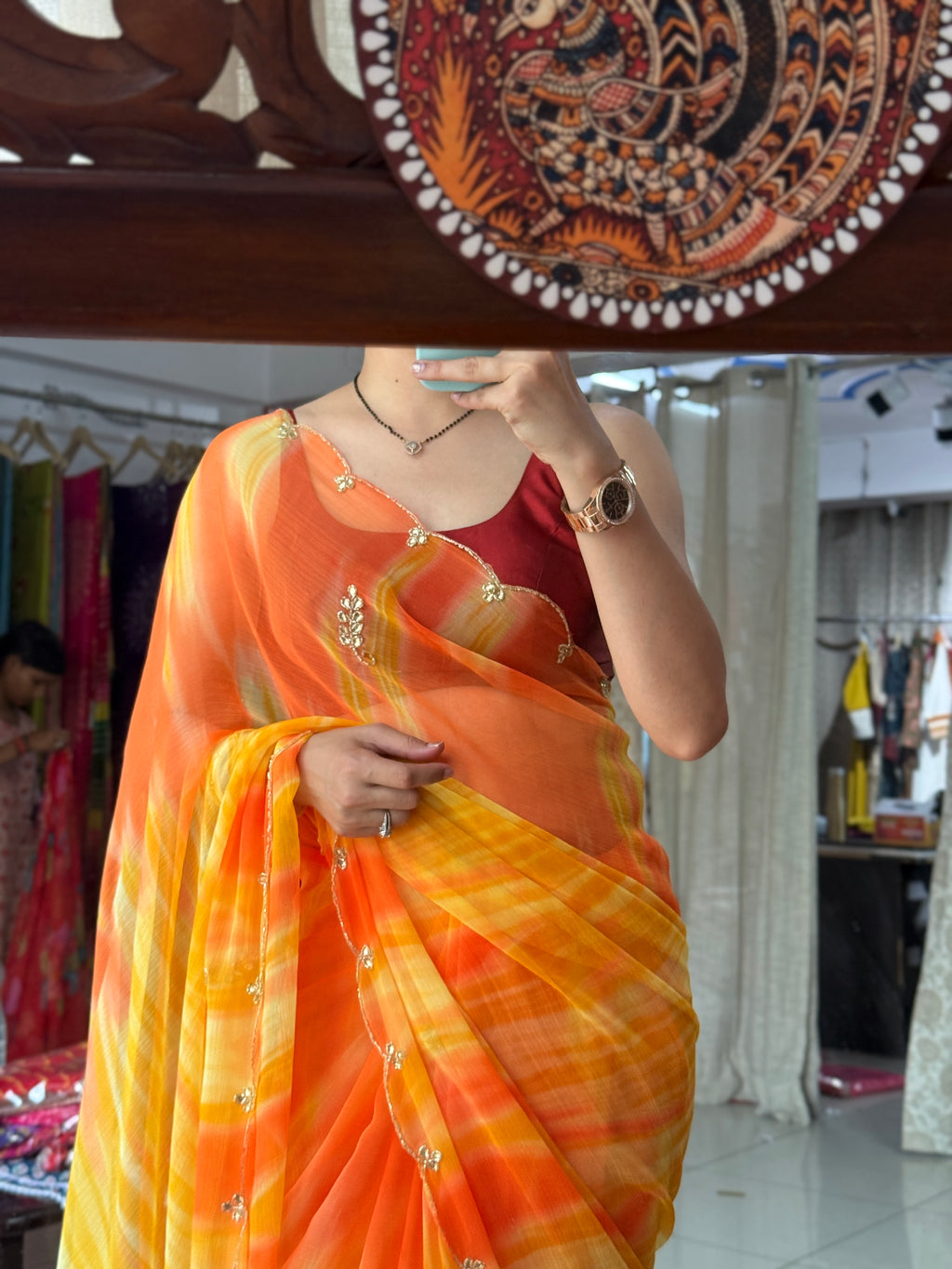 Dual yellow|Pure Georgette Digital Printed Saree| Handwork cutdana detailing| Without blouse