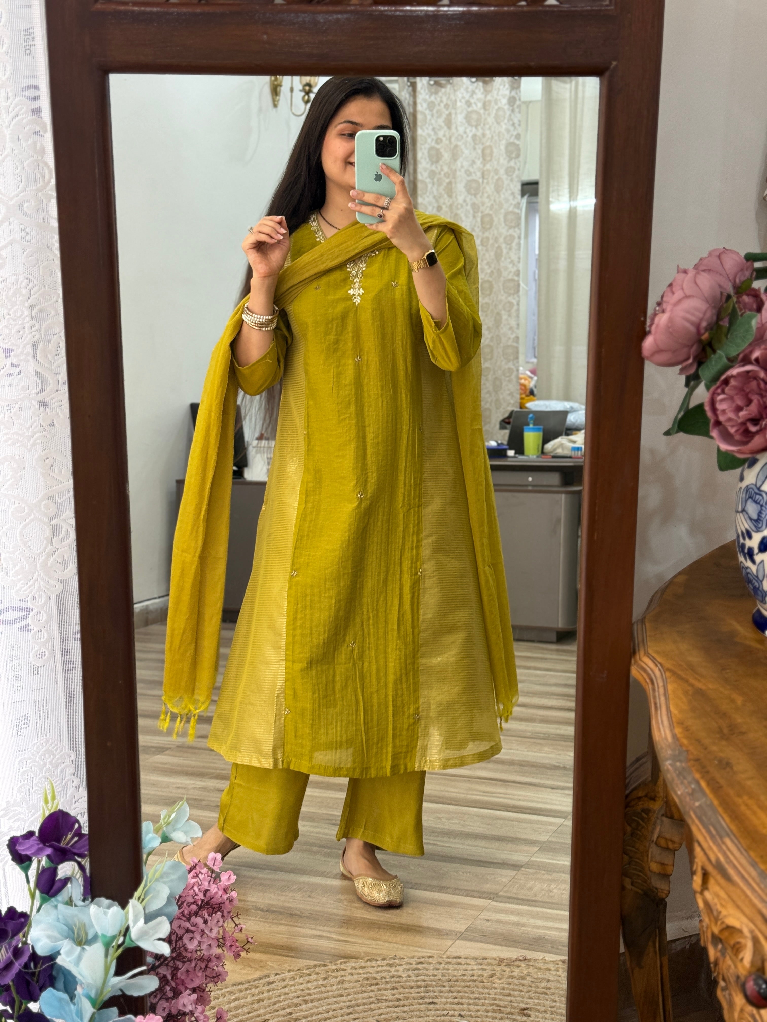 Mehendi Green Mul Chanderi Suit | Handloom Zari Beauty | Cotton lining| With Duppata|Classy & Elegant Suit Set