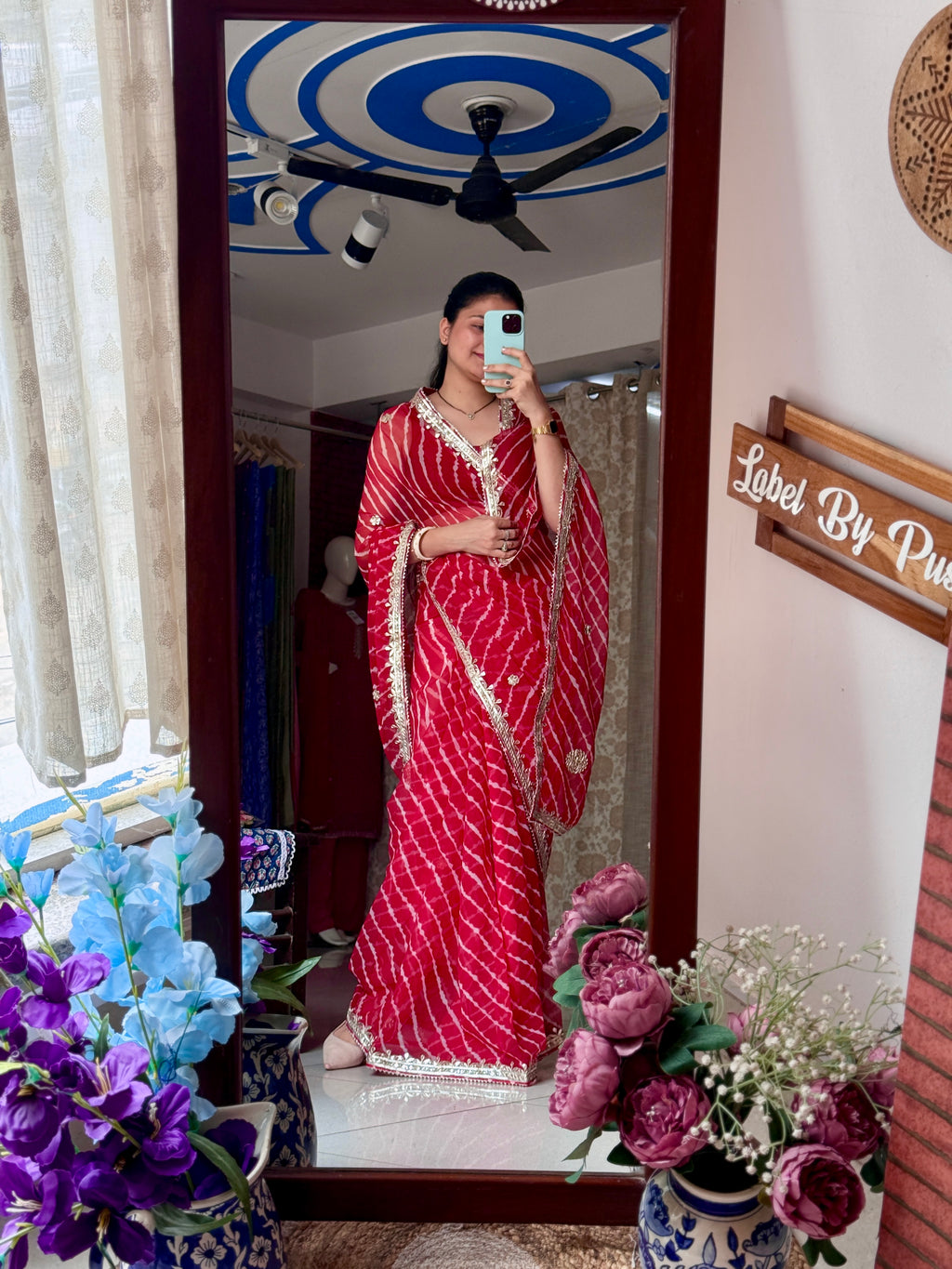 Red Chiffon Leheriya Saree|  Handwork Gota patti work| With blouse