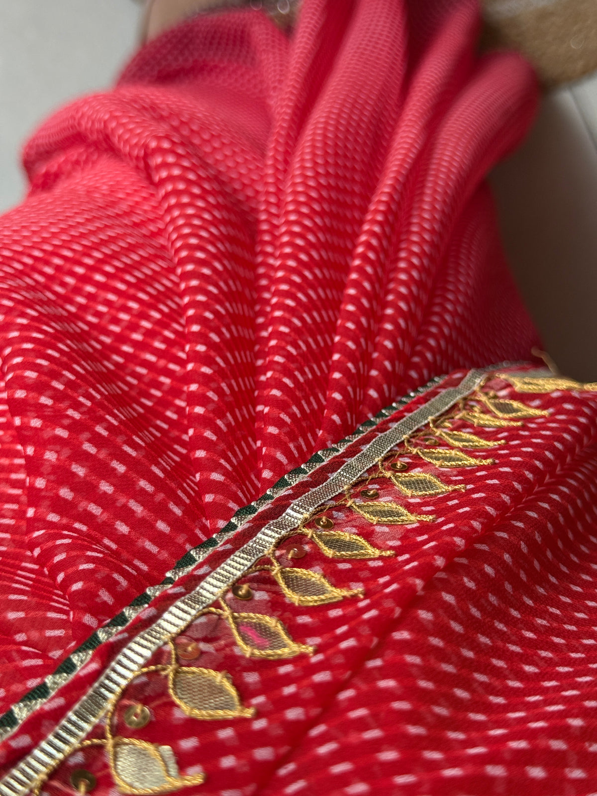 Red Leheriya Chiffon Leheriya Saree|  Handwork Gota patti work| With blouse