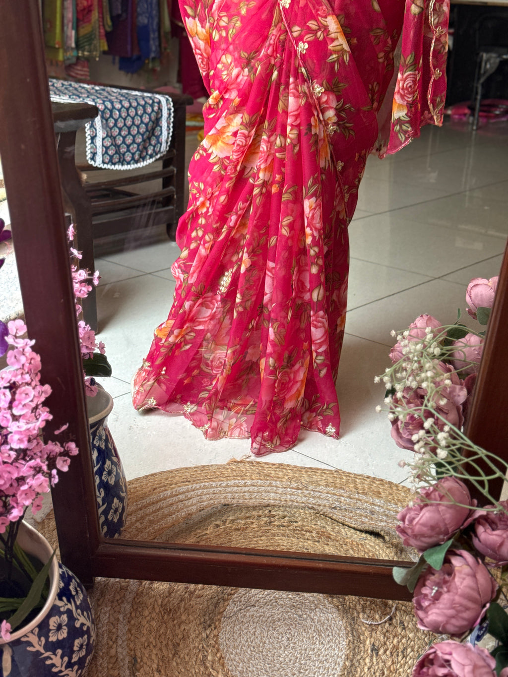 Crimson floral |Pure Georgette Digital Printed Saree| Handwork cutdana detailing| Without blouse