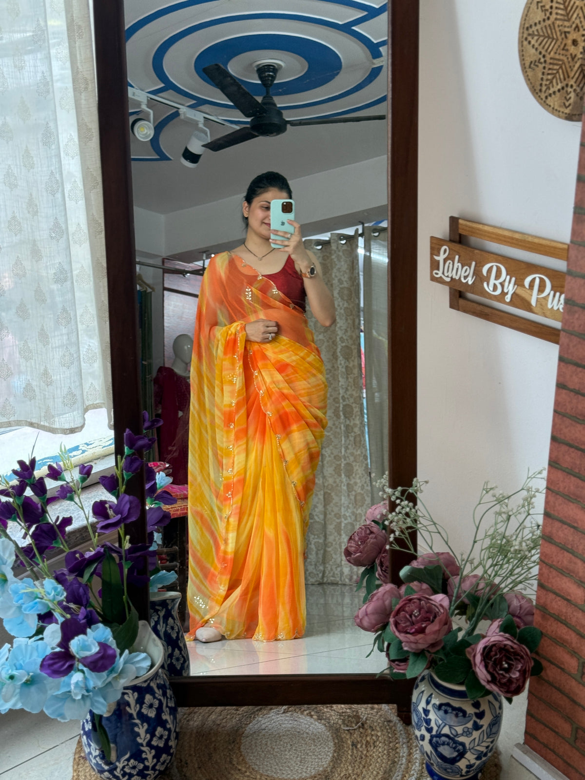 Dual yellow|Pure Georgette Digital Printed Saree| Handwork cutdana detailing| Without blouse