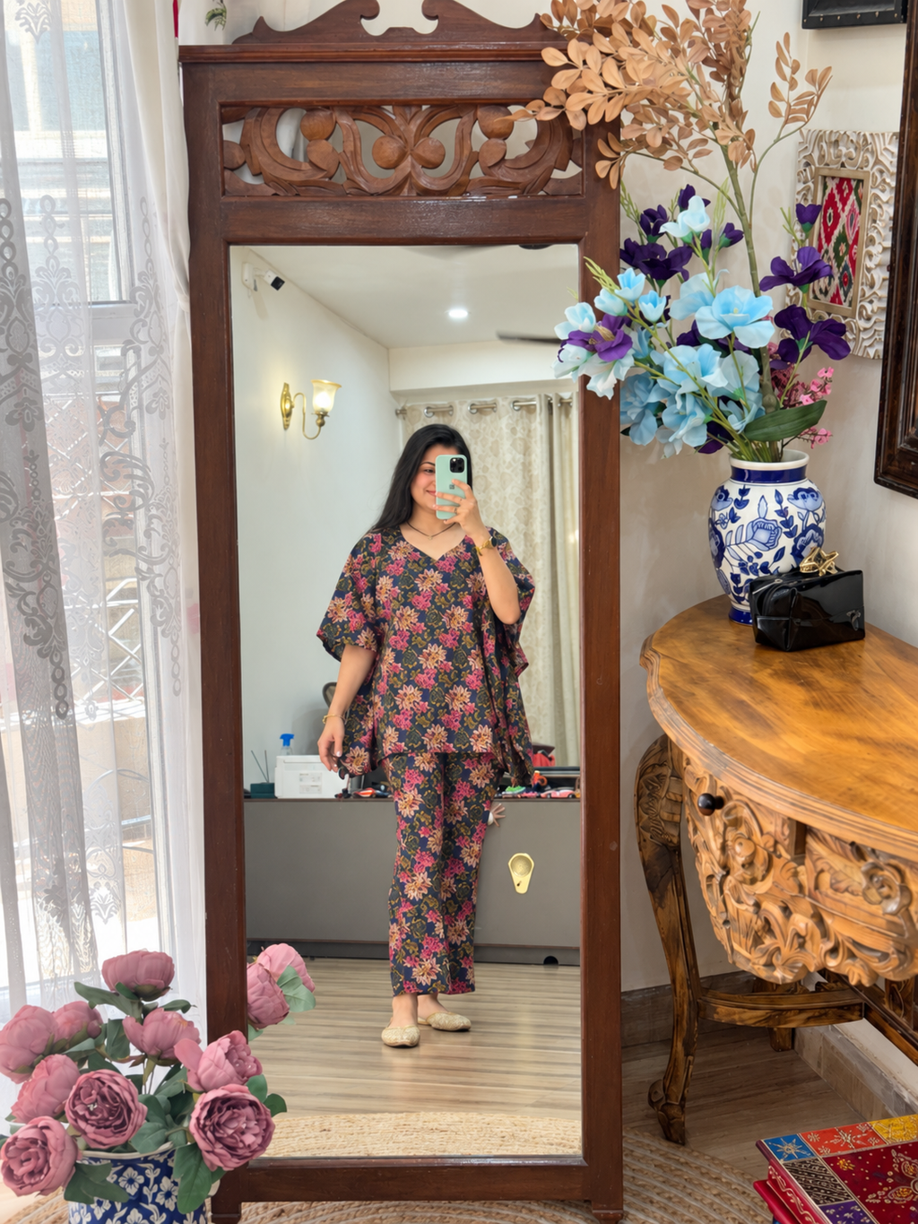 Pure Cotton Floral Blue Handblock Printed| kaftan Sets| Bottom with pocket