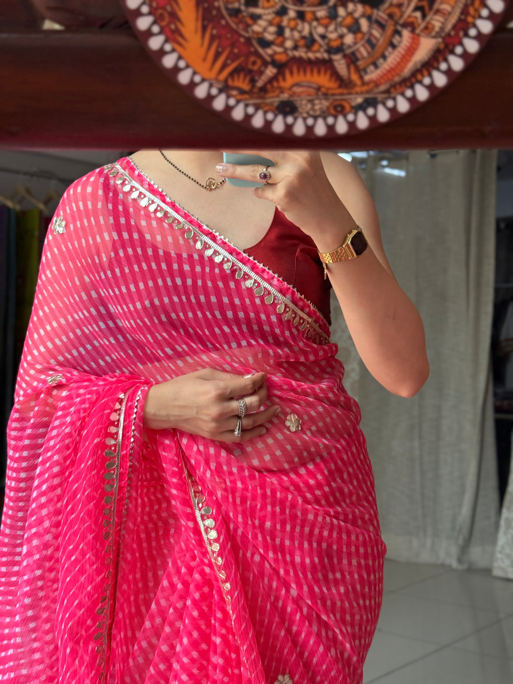 Peach Chiffon Leheriya Saree|  Handwork Gota patti work| With blouse