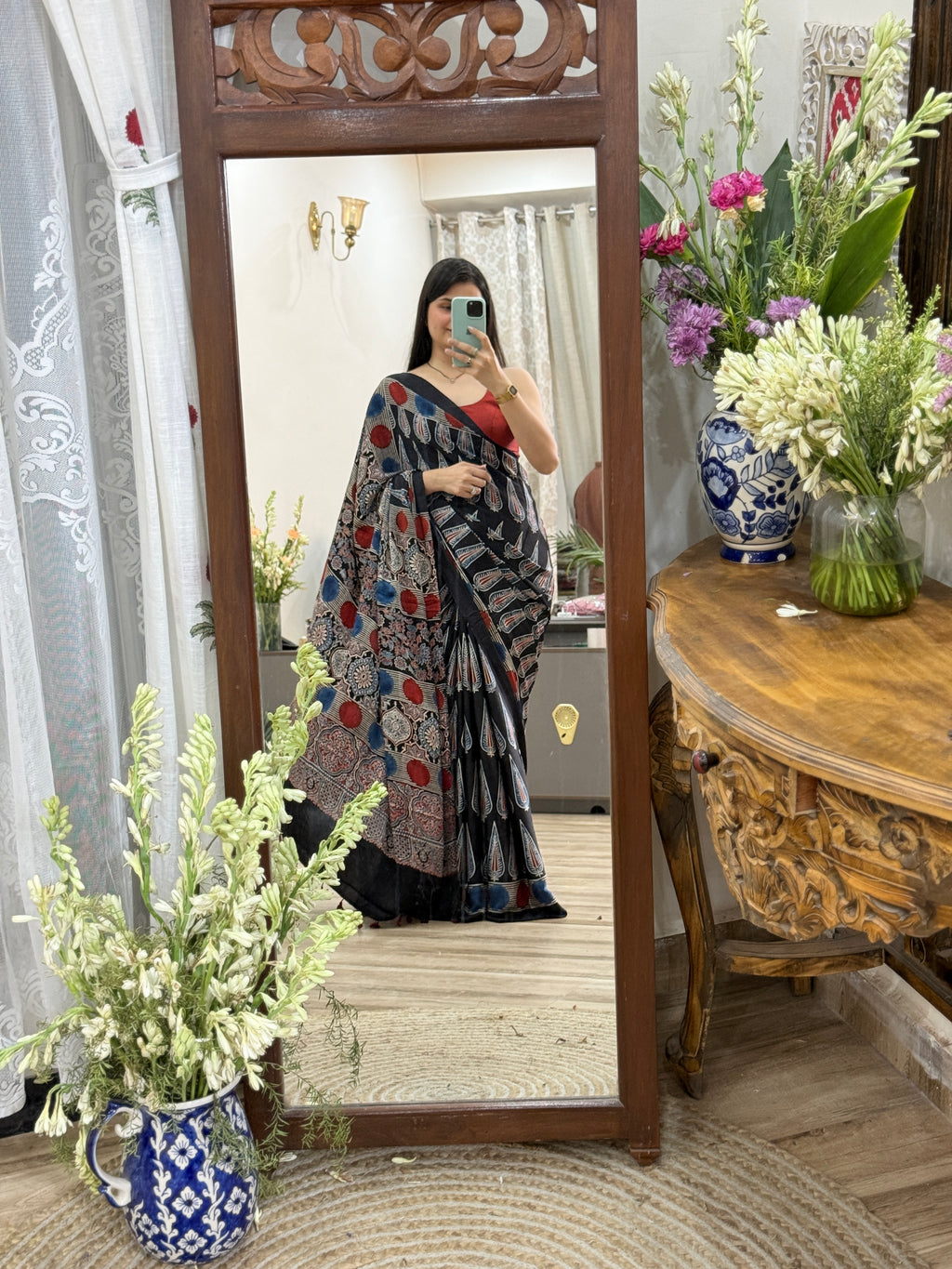 Madhuri Premium Black Modal Silk Ajrakh Print Saree with Blouse Piece