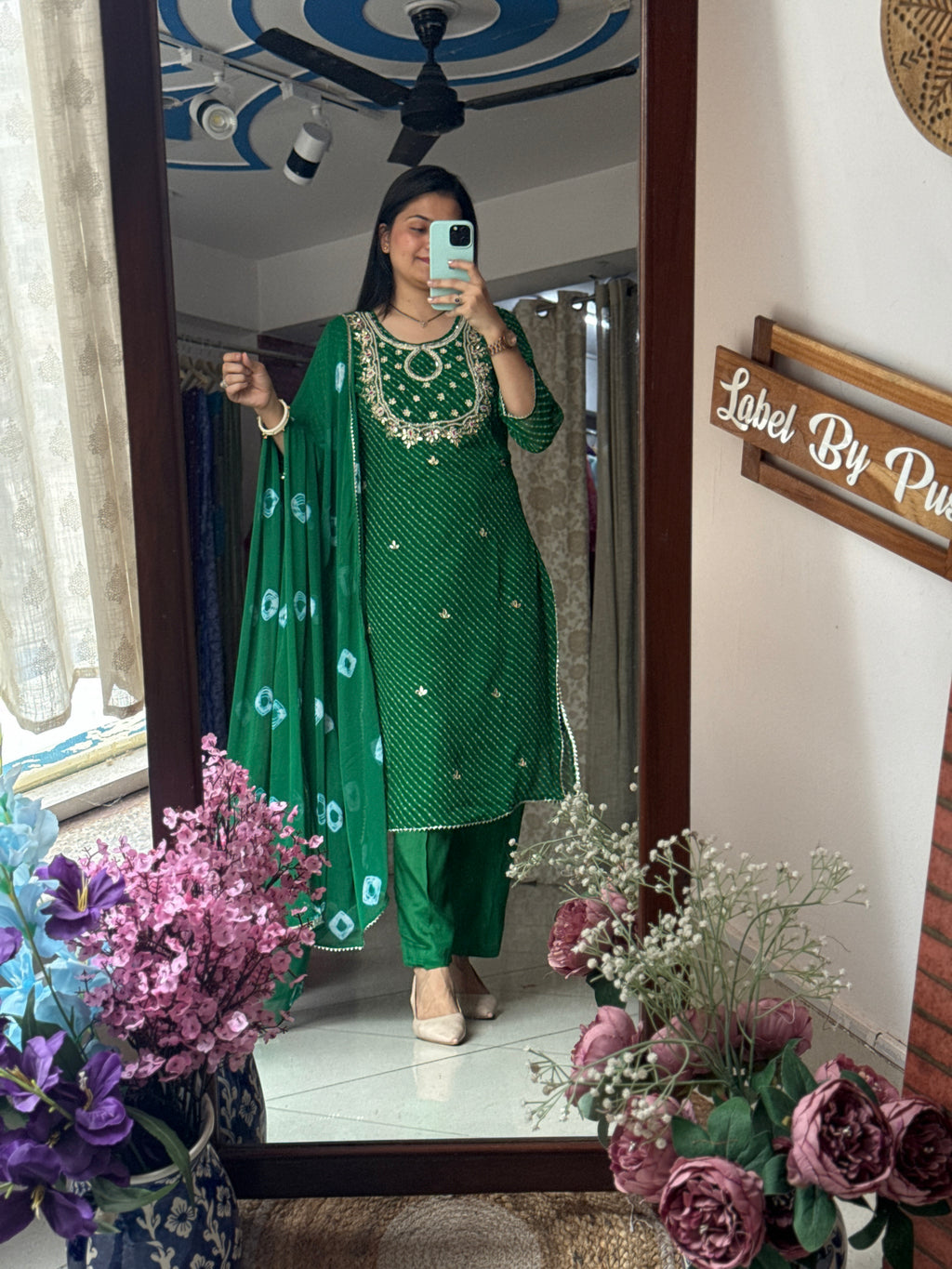 Green Leheriya Suit Set for Women | Printed Ethnic Suit with Dupatta| Hand Embroidery| With lining|Georgette with chiffon Duppata