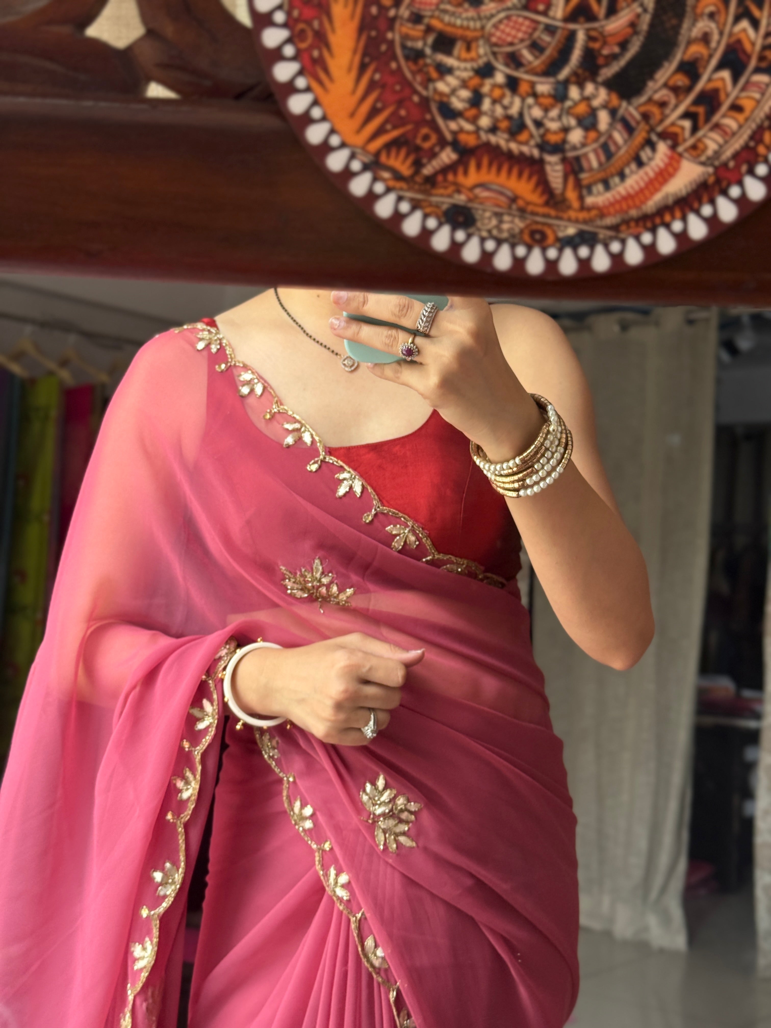 Mauve Pure Georgette Saree| Handwork cutdana detailing| With blouse