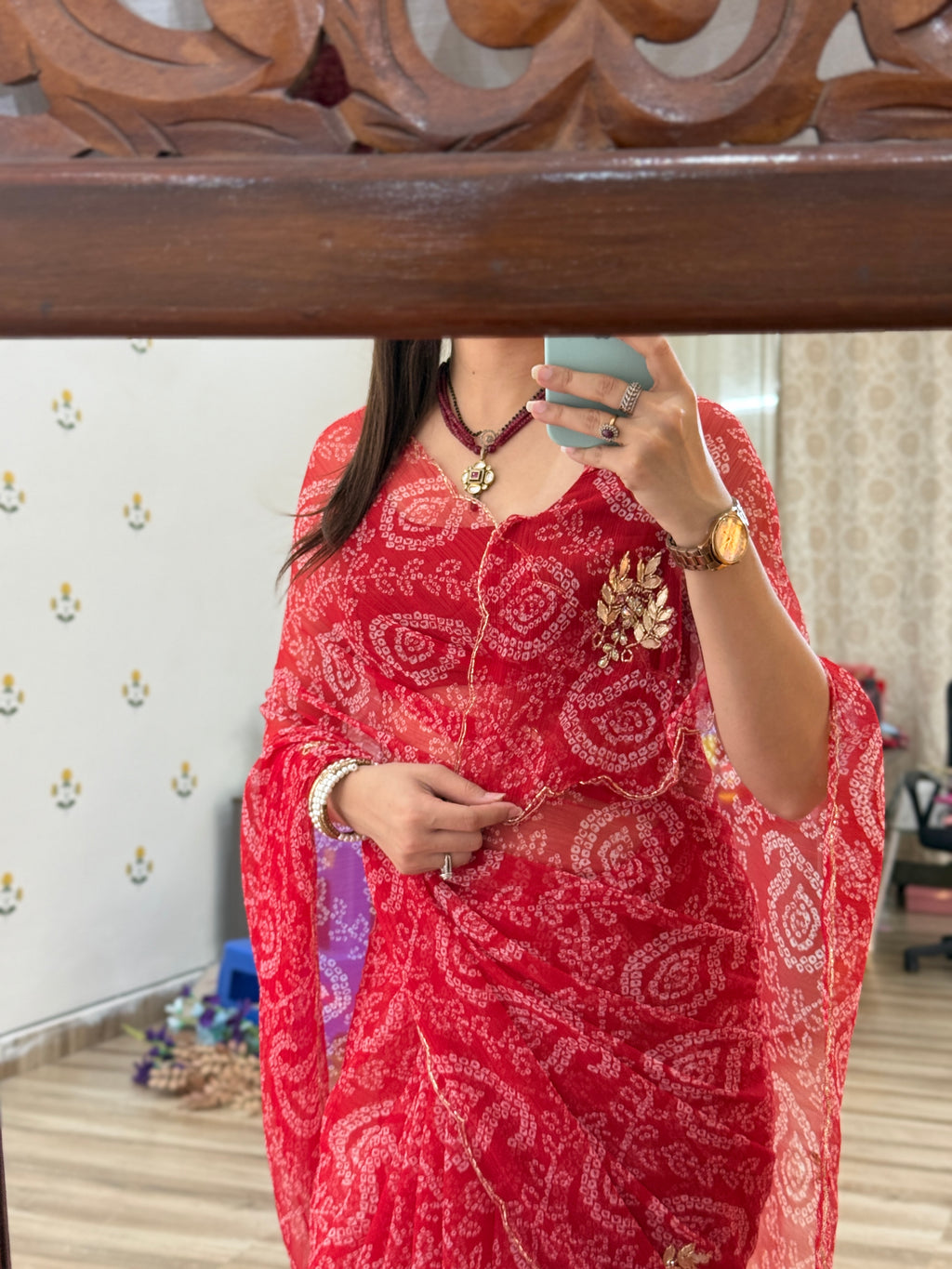 Red Bandhani  |Pure Georgette Handwork cutdana detailing| Without blouse