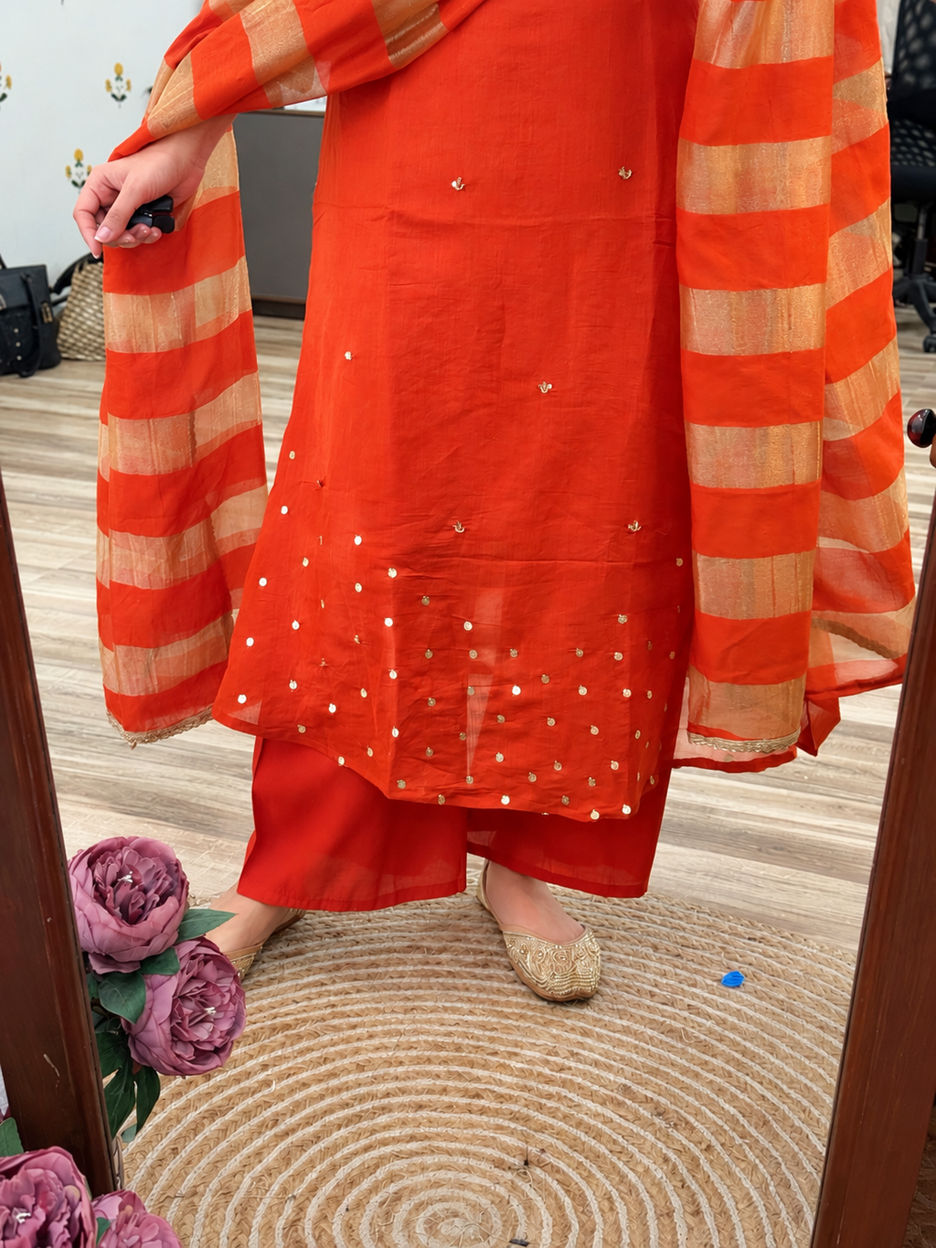 Rust Orange Mul Chanderi Suit | With cotton lining| Hand Embroidered| A line pattern| Tissue Duppata