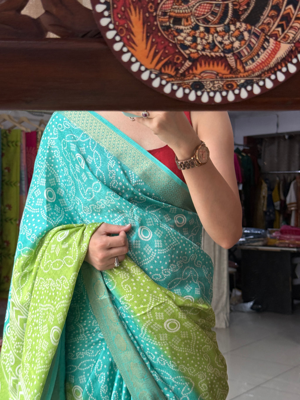 Firozi Green Bandhani Saree|  Woven border on both sides| With blouse| Self weave dola silk
