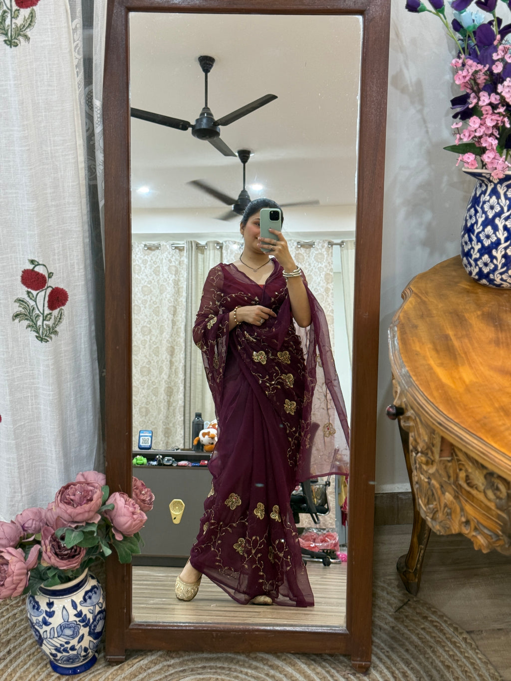 Wine Zari Embroidered| Georgette Sarees| Without Blouse